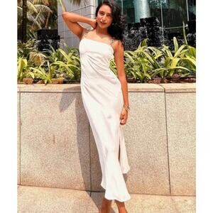 Zara White Satin Effect Spaghetti Strap Maxi / Midi Dress with Slit Size Small